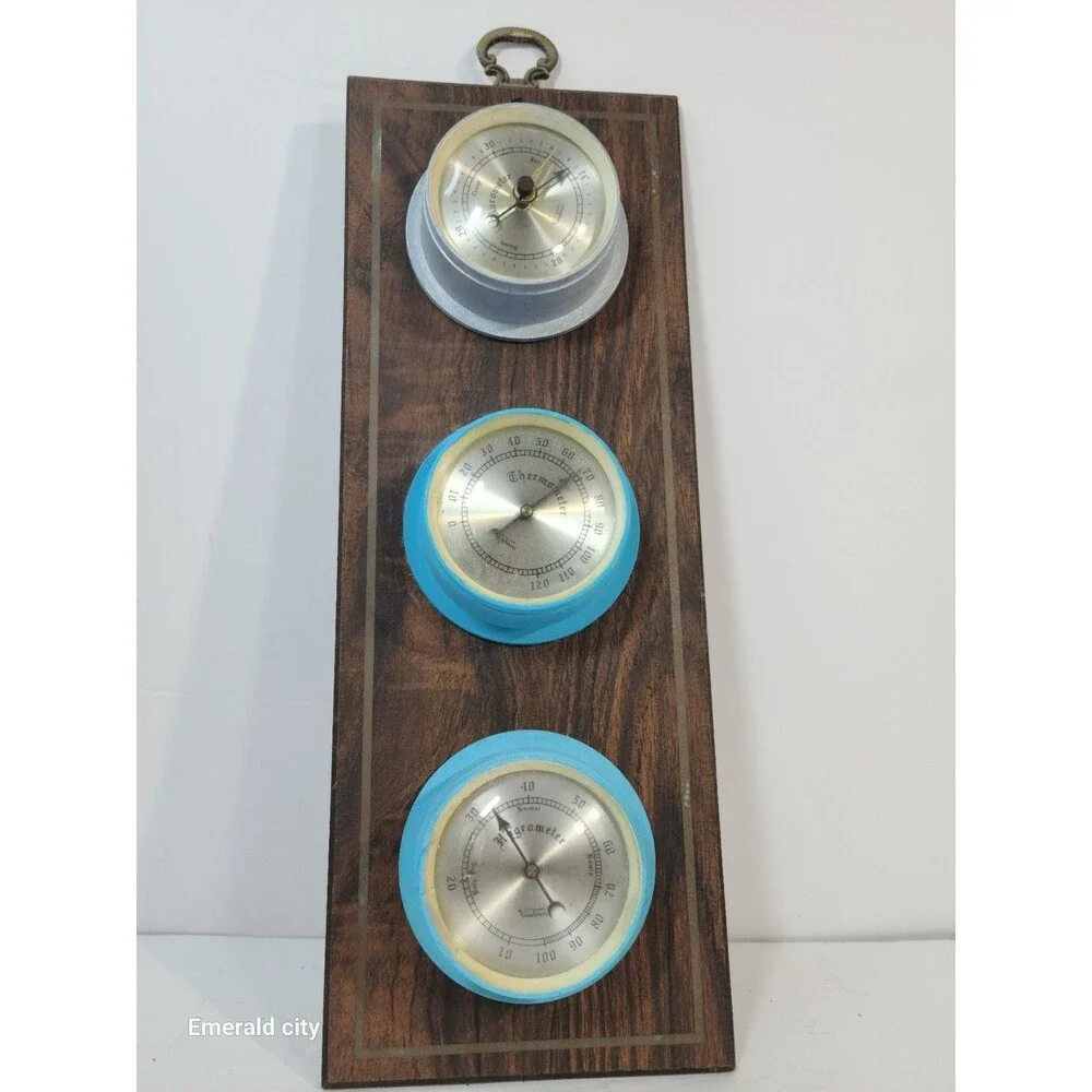 Vtg Wall Weather Station Wood Panel Barometer Thermometer Hygrometer In/outdoor